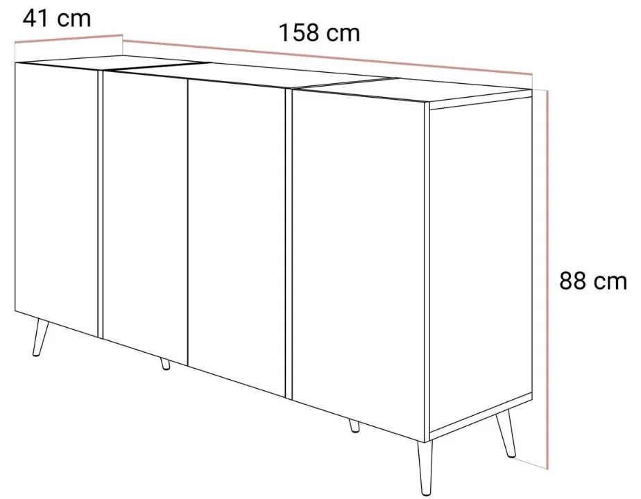 KOMODA SANTINO 4D NA NOŽIČKÁCH KAŠMÍR LESK / ZLATÁ 158 cm