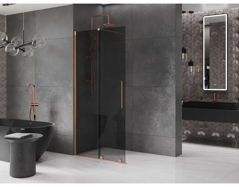 Mexen Velar, sprchová zástena s posuvnými dverami Walk-in 85 x 200 cm, 8mm šedé sklo, medená matná, 871-085-000-43-65
