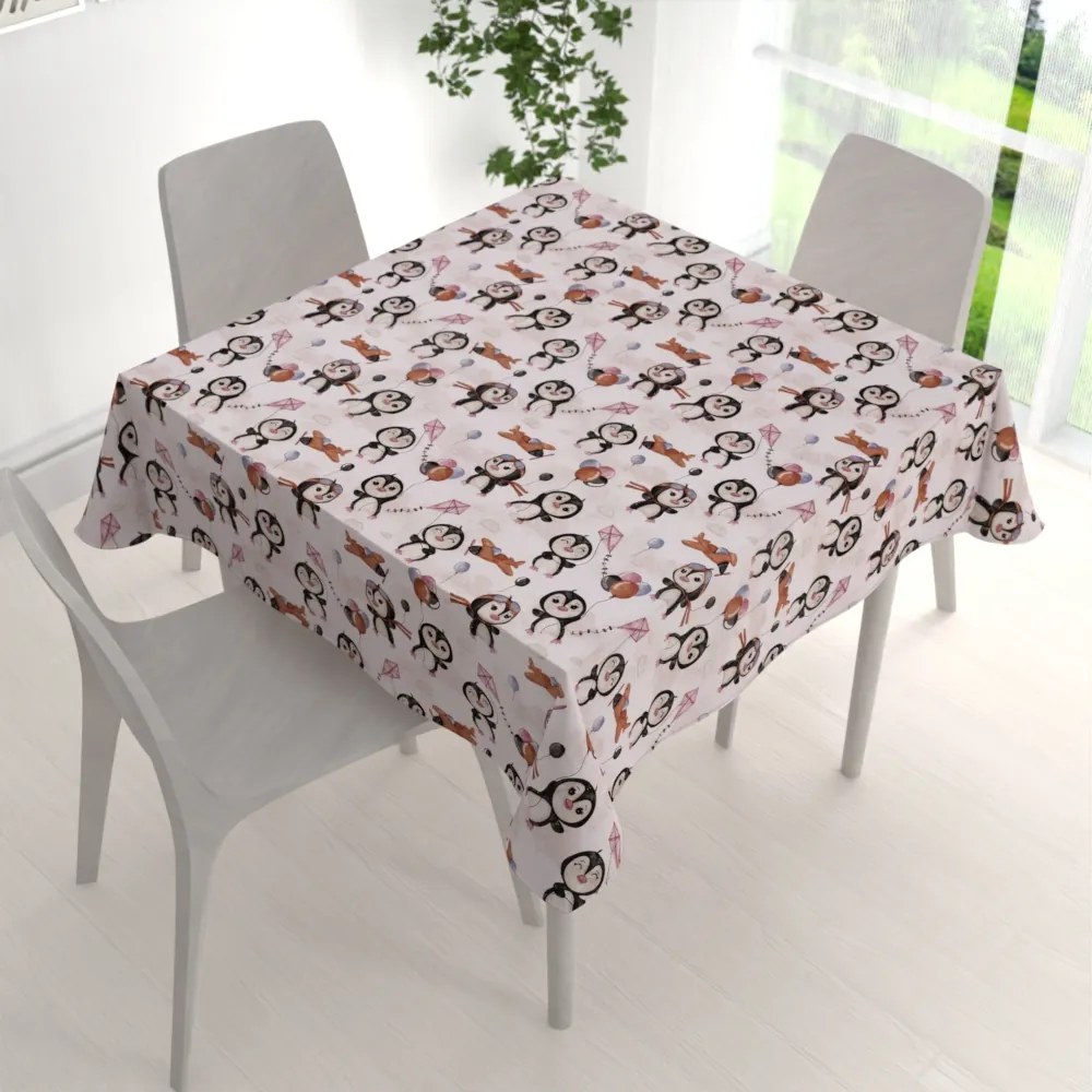 Biante Detský bavlnený štvorcový obrus Sandra SA-647 Tučniačiky s hnedými lietadielkami na bielom 80x80 cm