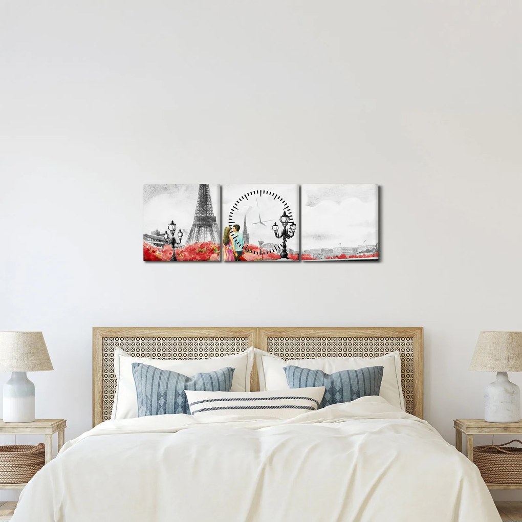 Obraz - Milenci v Paríži (s hodinami) (90x30 cm)