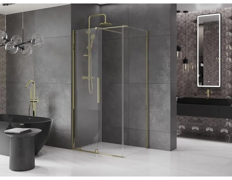 Mexen Velar, sprchový kút s posuvnými dverami 110(dvere) x 90(stena) cm, 8mm číre sklo, zlatá lesklá, 871-110-090-01-50