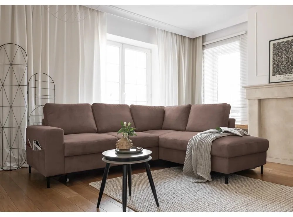 Hnedá menčestrová rozkladacia rohová pohovka (pravý roh) Lofty Lilly – Miuform