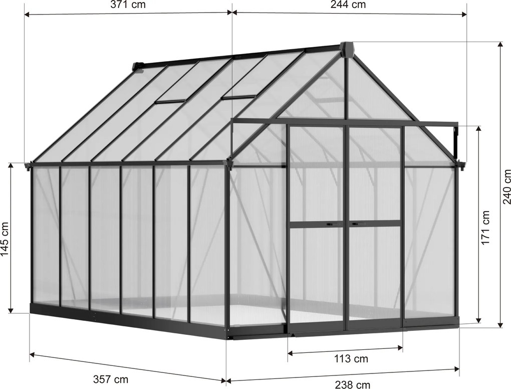 Skleník 240 x 244 x 371 cm, zosilnená konštrukcia, polykarbonát 6 mm