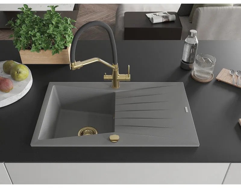 Mexen Cesar, 1-komorový granitový drez 775x470x190 mm a drezová batéria Duo, šedá, 6514-71-671701-57-G