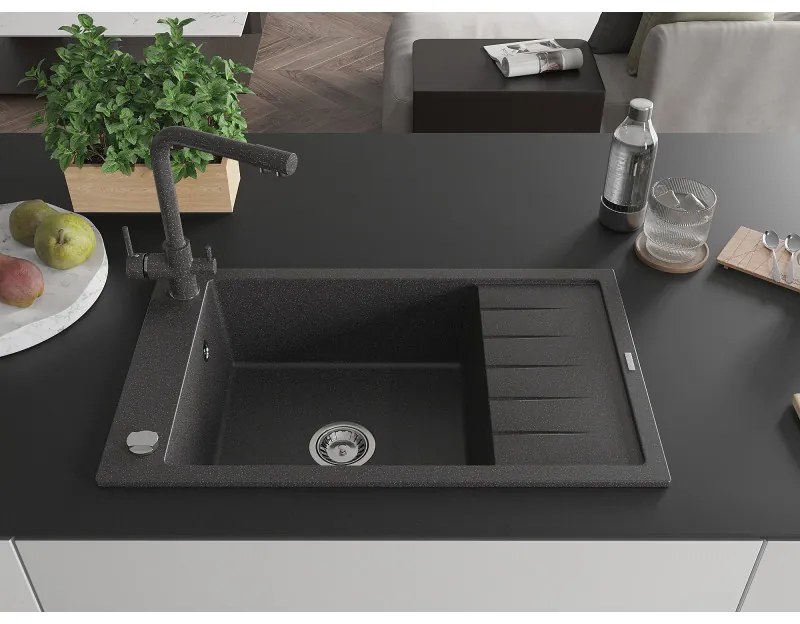 Mexen Elias, 1-komorový granitový drez s odkvapkávačom 795x480x200 mm a čierna batéria Duero, čierna - škvrnitá, 6511-76-671600-76