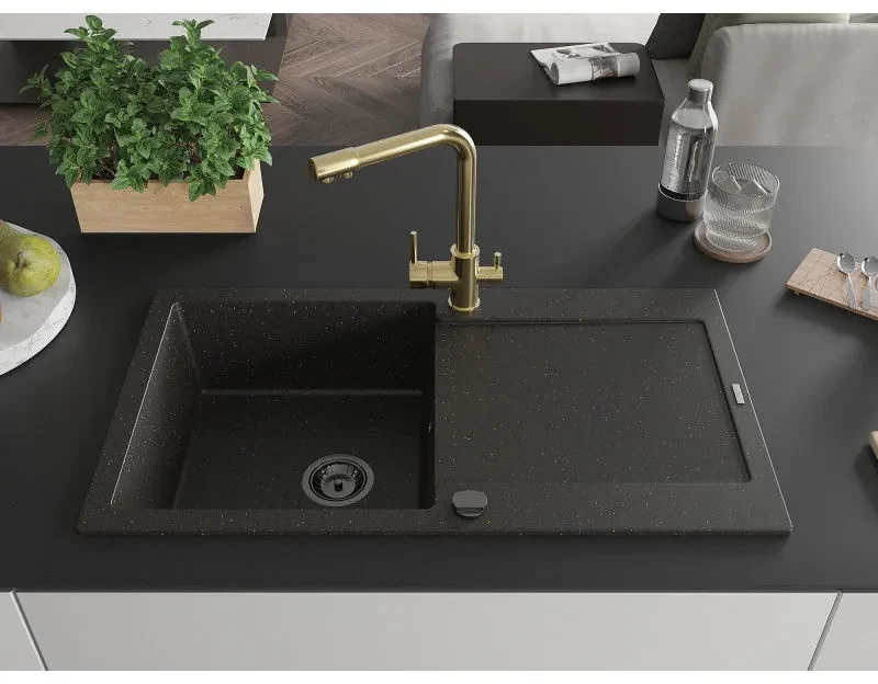 Mexen Leo, drez granitový 900x500x190 mm, 1-komorový a zlatá batéria Duero, čierna-zlatá metalíza, 6501-75-671600-50-B