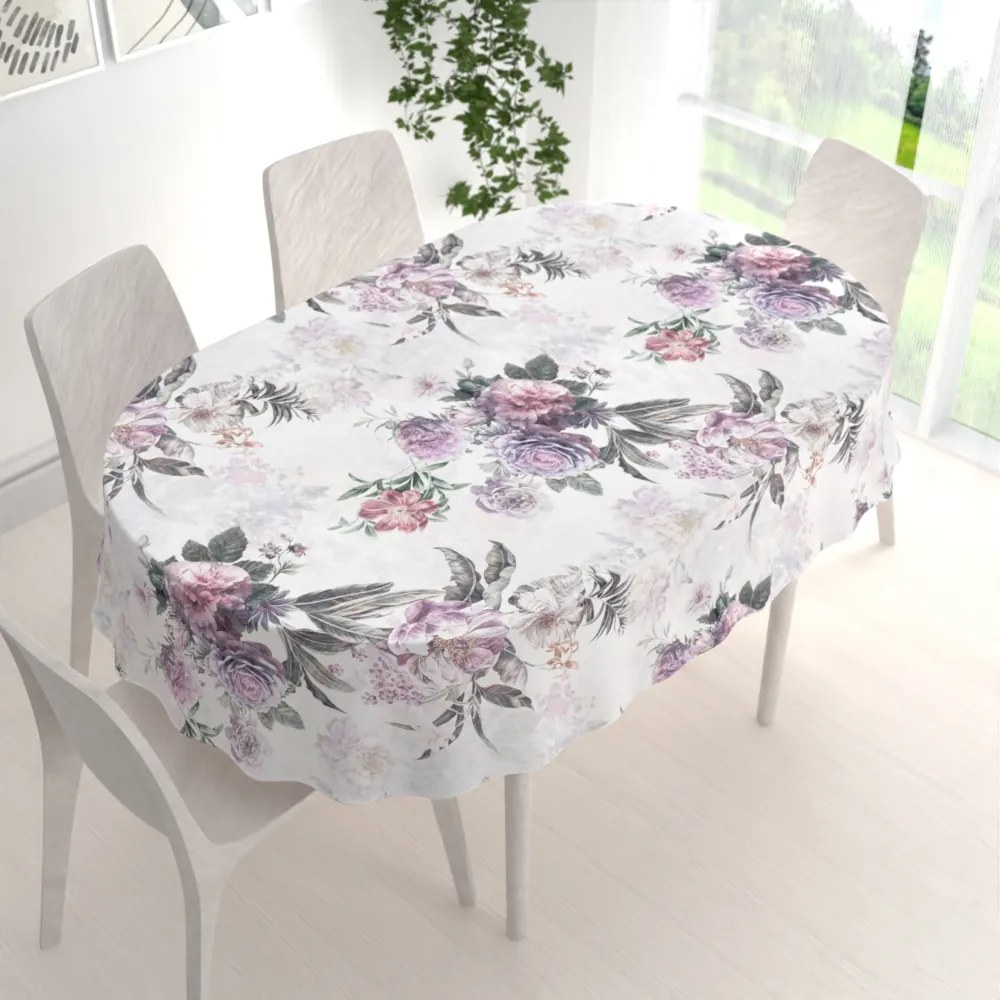 Biante Dekoračný oválny obrus BM-009 Veľké fialové kvety 140x220 cm