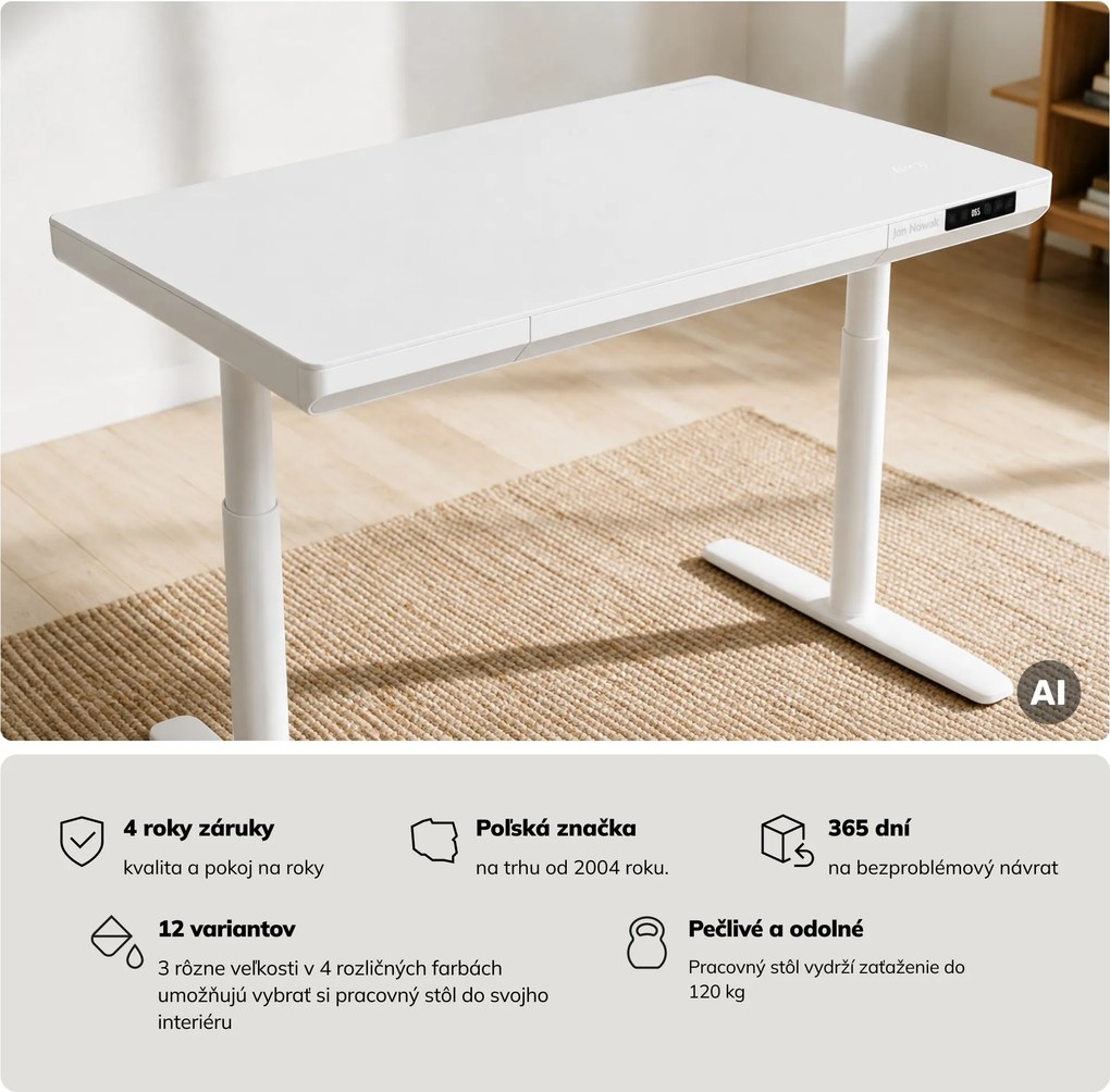 Elektrický písací stôl sit-stand so zásuvkou a bezdrôtovou nabíjačkou Qi biely, 1200 mm: ELLIS