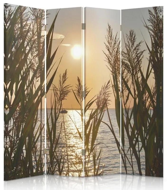 Ozdobný paraván Západ slunce u jezera - 145x170 cm, štvordielny, obojstranný paraván 360°