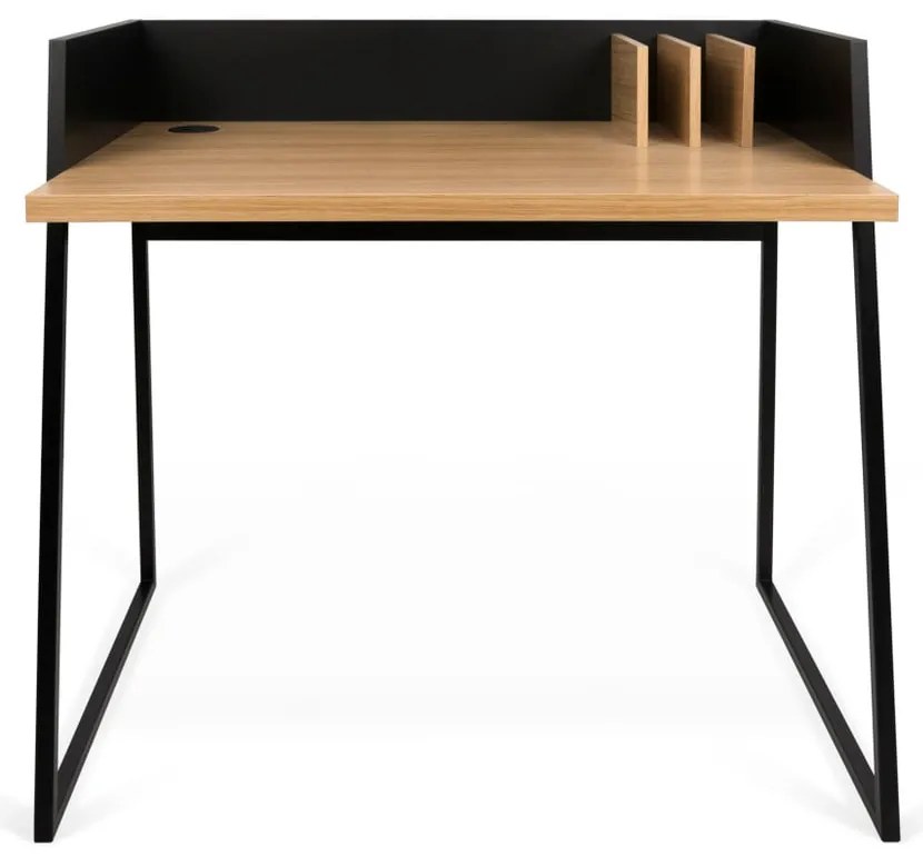 Čierny pracovný stôl s detailmi v dekore dubového dreva TemaHome Volga