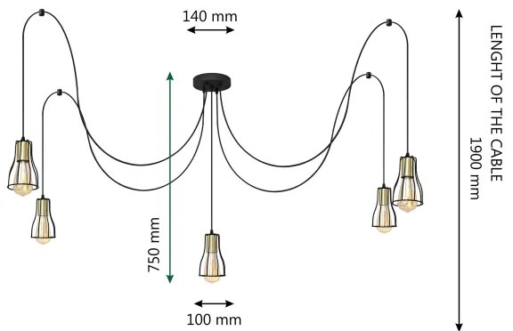 Luster na lanku TUBE 5xE27/15W/230V pavúk čierna/zlatá