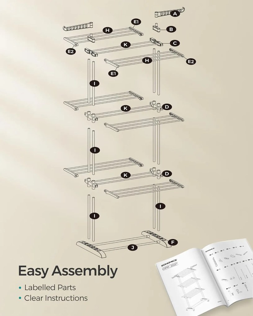 SONGMICS Veľký sušič na prádlo, 64 x 126 x 172 cm, biely