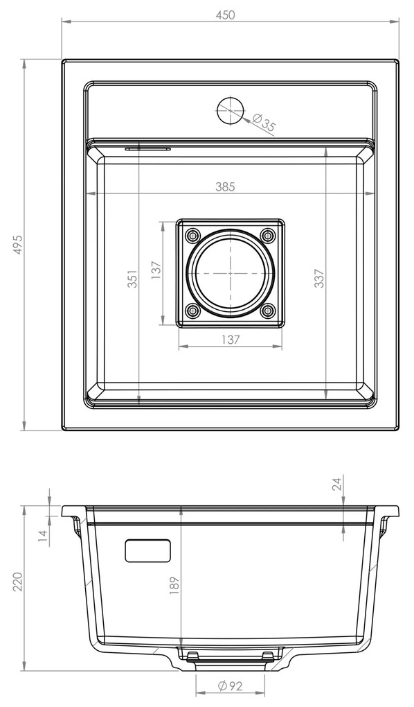 Gamma Quadro 4550, 1-komorový granitový drez 450x495x220 mm, biela, GMA-ZLE000220