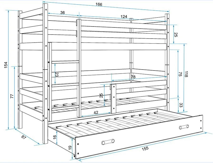 Poschodová posteľ s prístelkou ERIK 3 - 160x80cm - Borovica - Biela