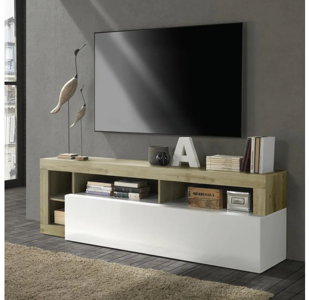 Televízny stolík LENOR biela/svetlý dub