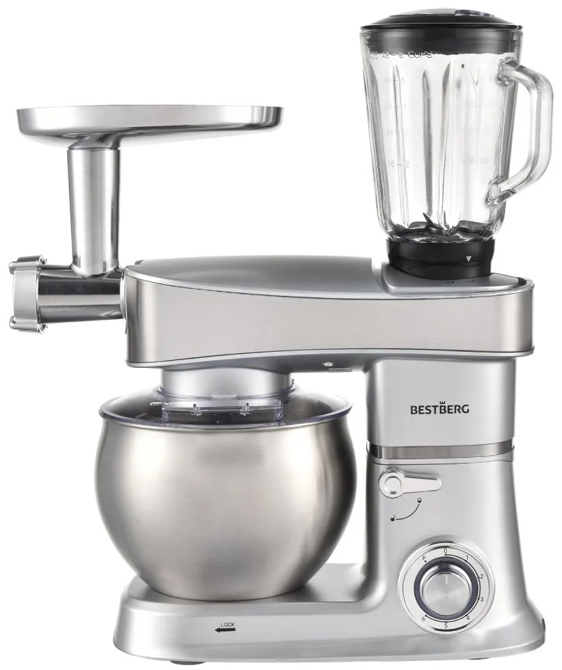 BestBerg BBR-2000S multifunkčný kuchynský robot / 2000 W / 6 l / 6 rýchlostí / strieborný