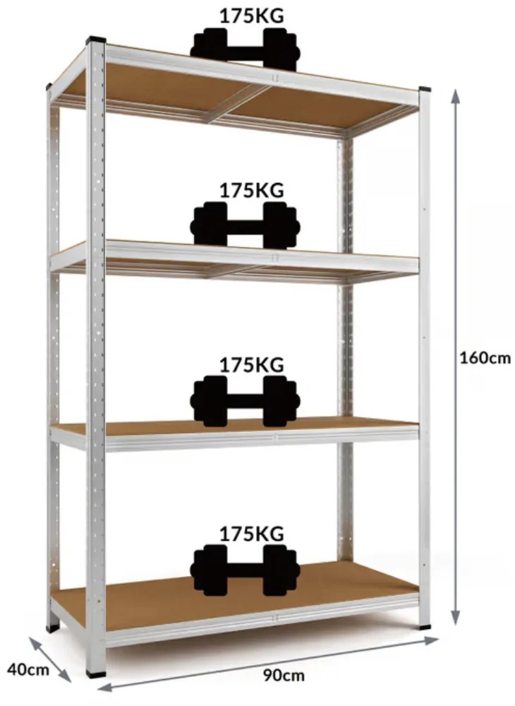 Monzana Regál s vysokou nosnosťou HEAVY, max. 700kg, 160x90x40cm, strieborná