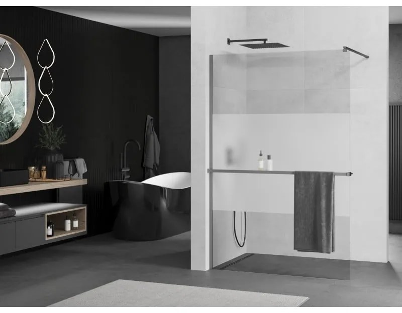 Mexen Kioto+, sprchová zástena Walk-In s poličkou a vešiakom 110 x 200 cm, 8mm číre sklo-námraza, grafitový profil, 800-110-121-95-35