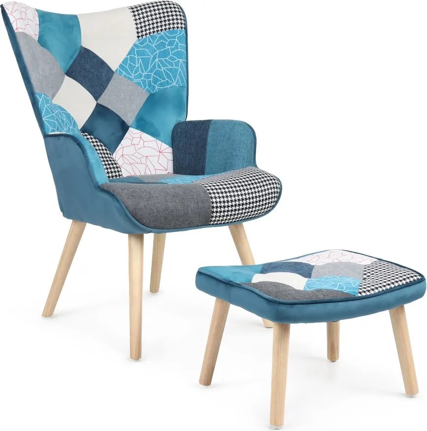 Relaxačné kreslo ušiak LISA + taburet — masív, látka, modrý patchwork