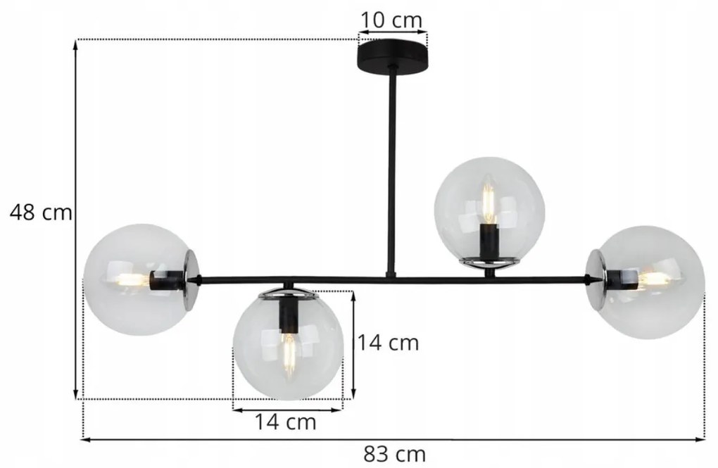 Stropné svietidlo Paris, 4x transparentné sklenené tienidlo, (výber zo 4 farieb uchytenia)