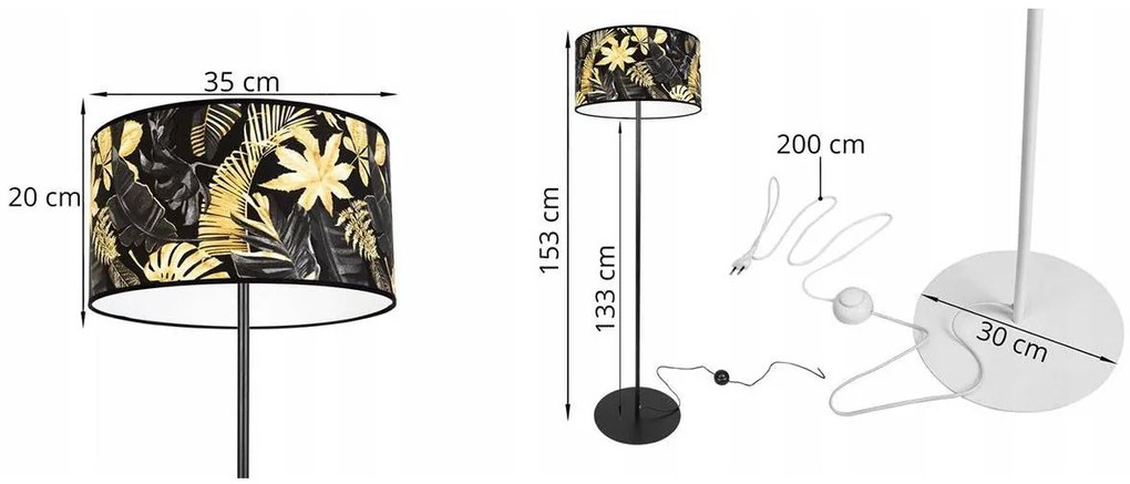 Stojacia lampa Gold Flowers, 1x čierne textilné tienidlo s kvetinovým vzorom, (fi 35cm), o