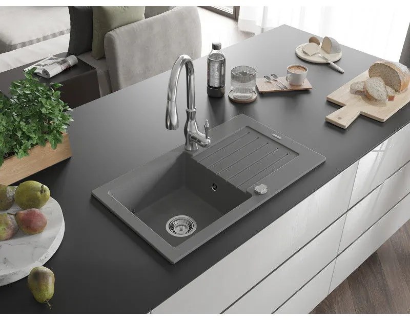 Mexen Pablo, granitový drez 752x436x161 mm, 1-komorový a drezová batéria Savita, šedá, 6510-71-672601-00