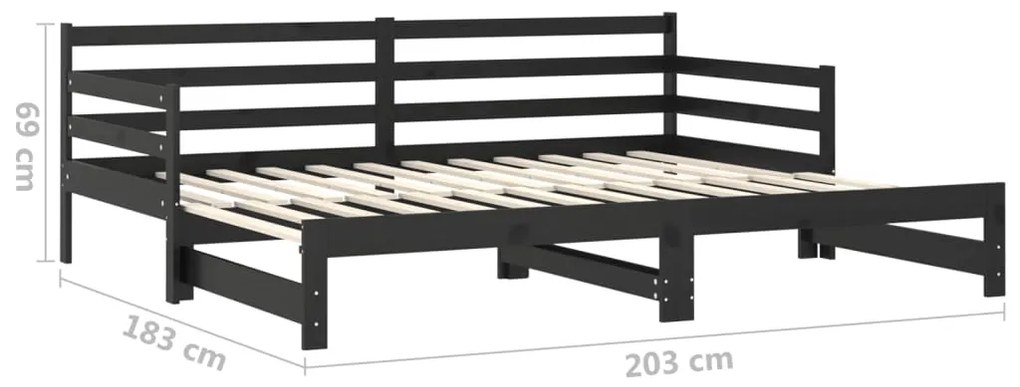 Rozkladacia denná posteľ 2x(90x200)cm, čierna, borovicový masív