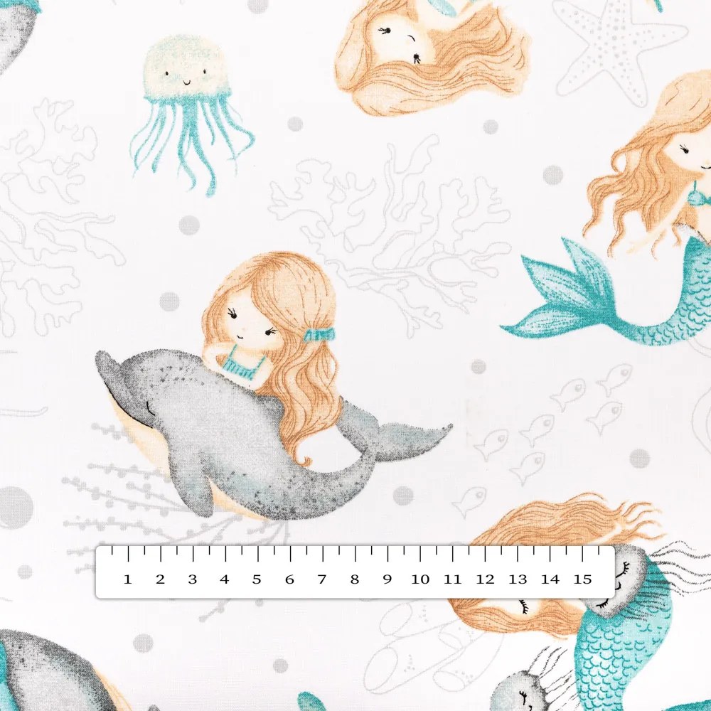 Biante Detský bavlnený záves Sandra SA-691 Modrozelené morské panny s delfínmi a veľrybami na bielom 150x150 cm