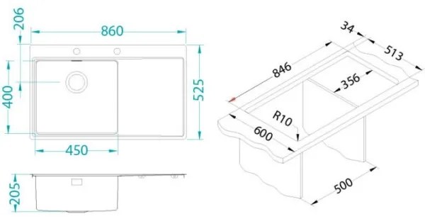 ALVEUS 1103652 - Kuchynský drez PURE 86x52,5 cm satin, ľavý