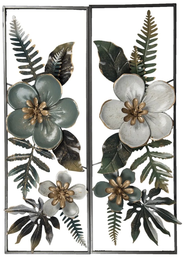 Béžovo-modrá kovová nástenná dekorácia na stenu s kvetmi Fivonne - 31*6*90 cm