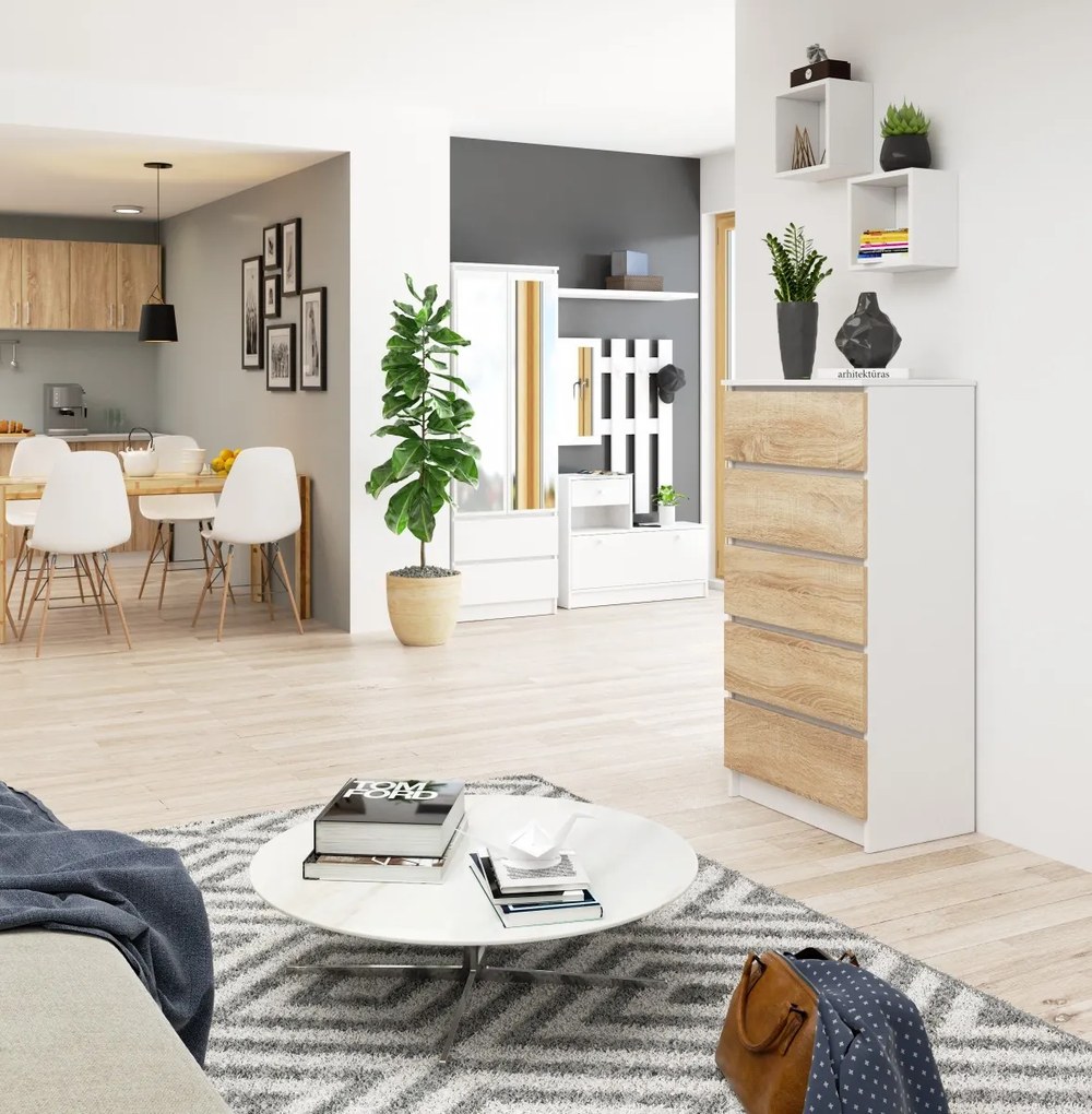 Komoda Kuba 60 cm - 5 zásuviek biela/sonoma