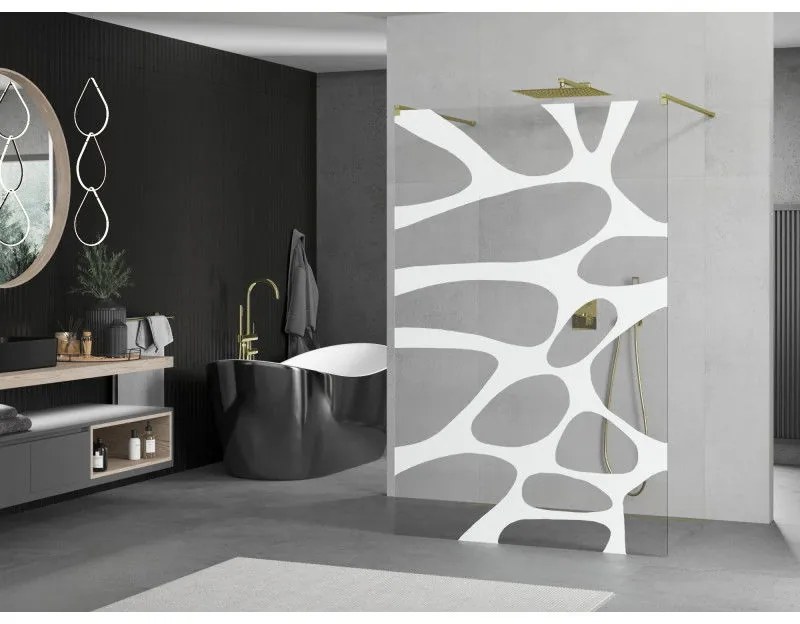 Mexen Kioto, priechodná sprchová zástena 140 x 200 cm, 8mm sklo číre/biely vzor, 2x zlatá stabilizačná rozpera, 800-140-002-50-97