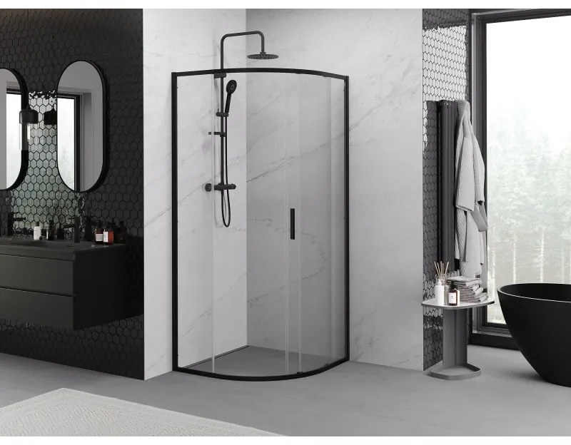 Mexen Exo, štvrťkruhový sprchovací kút s posuvnými dverami 70 x 70 cm, 6mm číre sklo, čierny profil, 8131-070-070-70-00