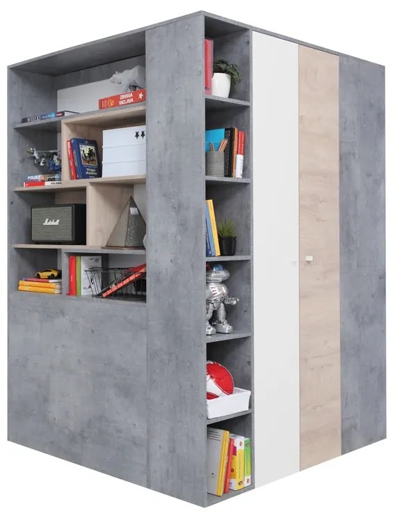 Rohová skriňa Sigma SI1 L/P - Biely lux / beton / Dub