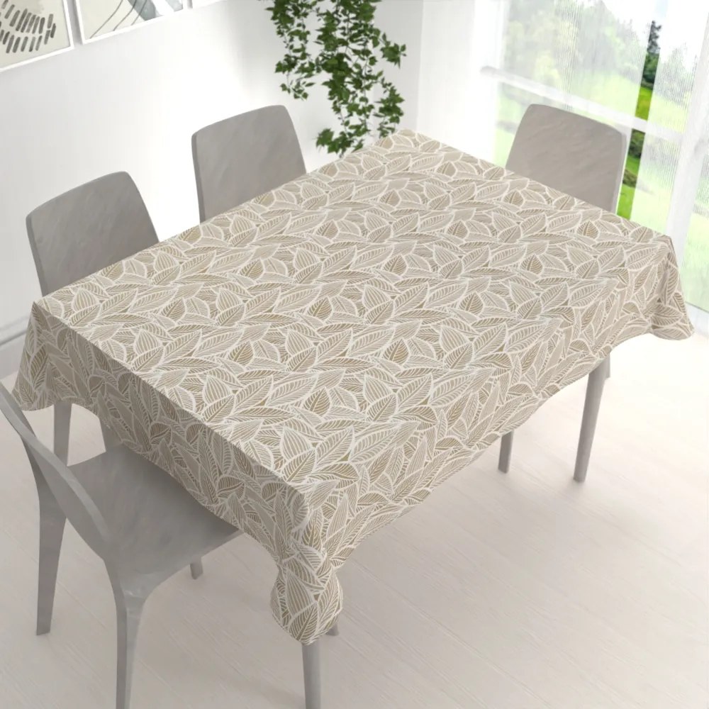 Biante Veľký dekoračný obdĺžnikový obrus Leona LN-168 Biele listy na svetlo hnedom 160x200 cm