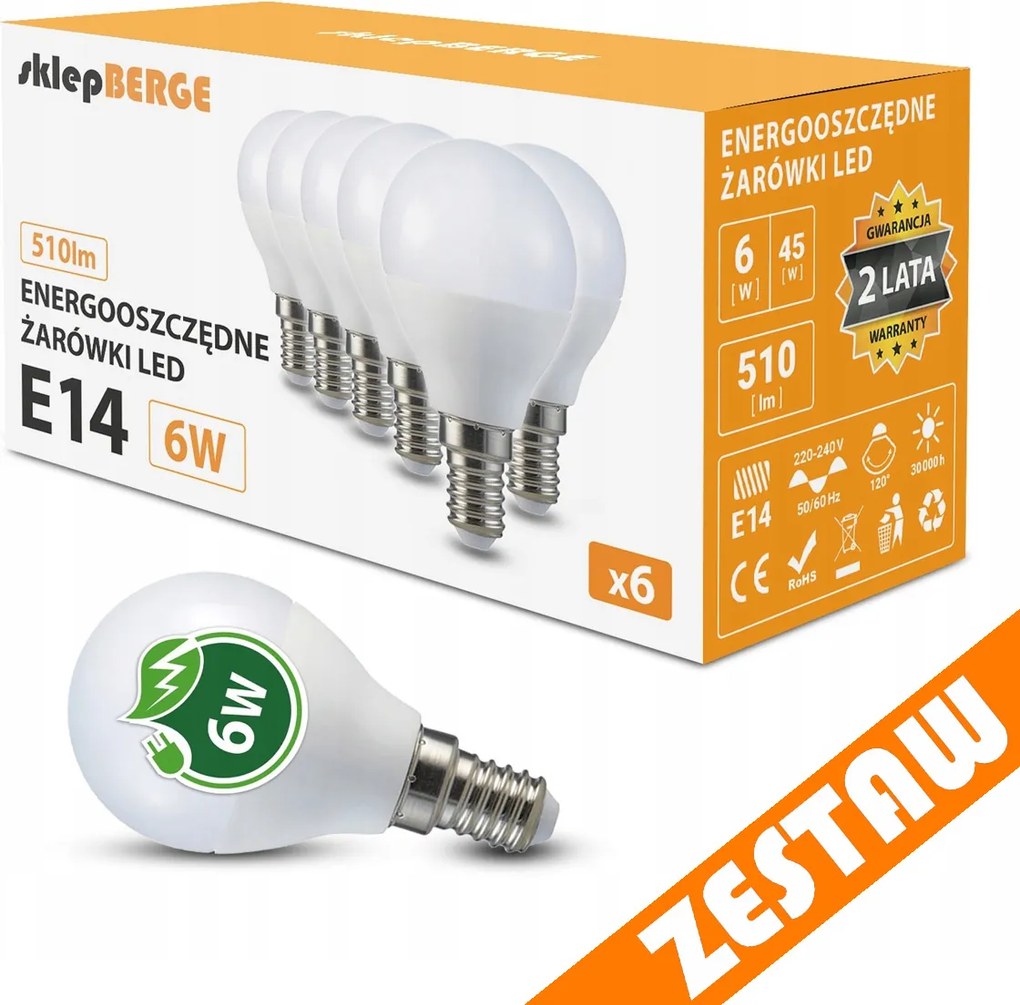 BERGE Sada 6 LED žiaroviek E14 7W G45 600lm Farba - neutrálna biela