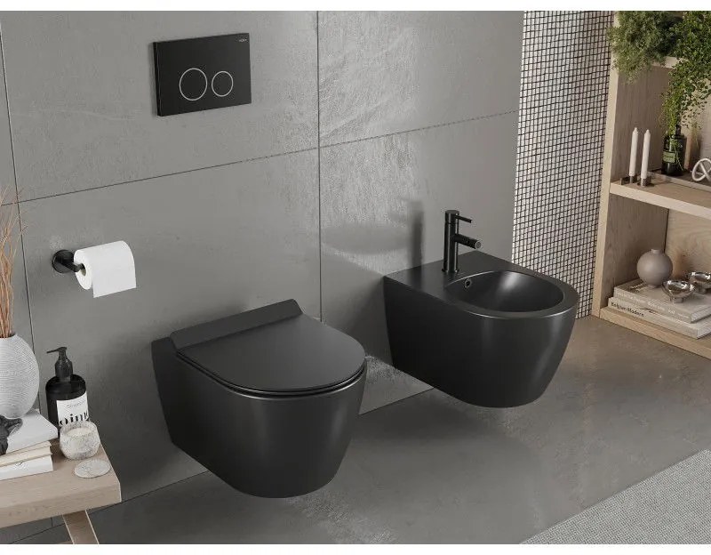Mexen Carmen závesné wc Rimless s toaletným Slim sedátkom z duroplastu, čierna matná - 30880185