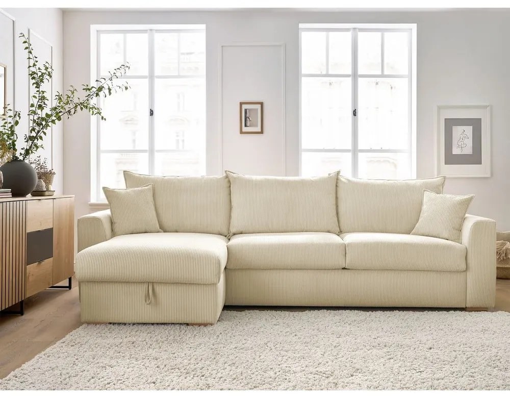 Krémová menčestrová rozkladacia rohová pohovka (variabilná) Augustin – Bobochic Paris