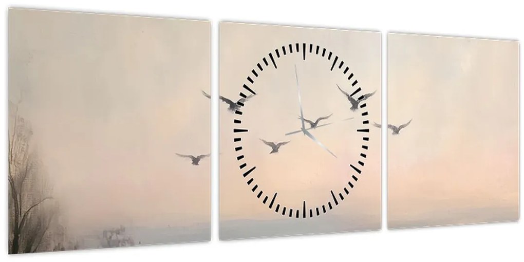 Obraz - Hejno vtákov (s hodinami) (90x30 cm)