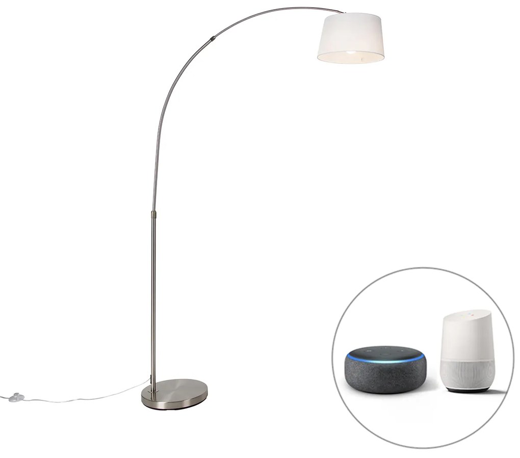 Inteligentná oblúková lampa oceľ s bielym textilným tienidlom vrátane WiFi A60 - Arc Basic