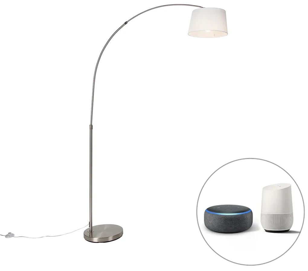 Inteligentná oblúková lampa oceľ s bielym textilným tienidlom vrátane WiFi A60 - Arc Basic