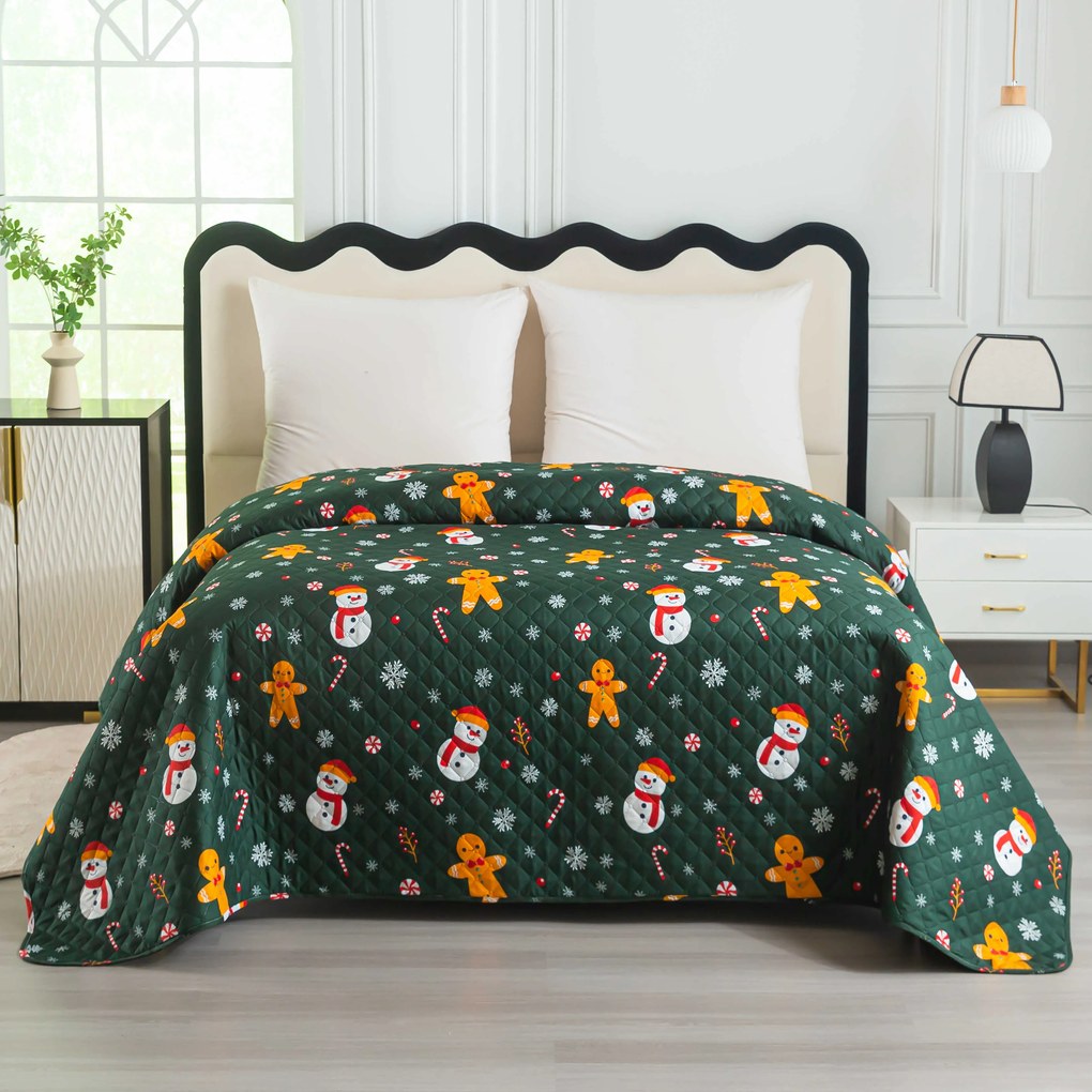 Prehoz na posteľ SNOWMAN AND GINGERBREAD, zelený Rozmer: 170 x 210 cm