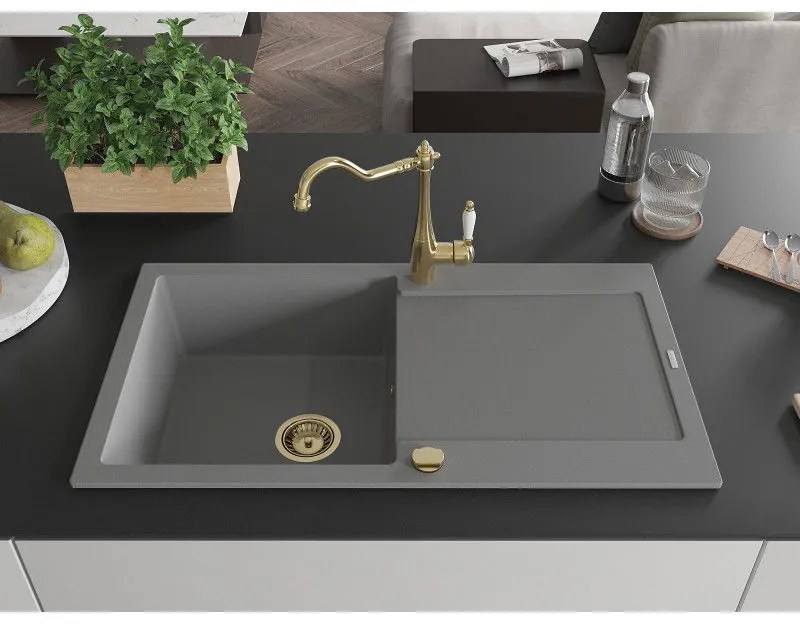 Mexen Leo, granitový drez 900x500x190 mm, 1-komorový a drezová batéria Carla, šedá, 6501-71-670700-50