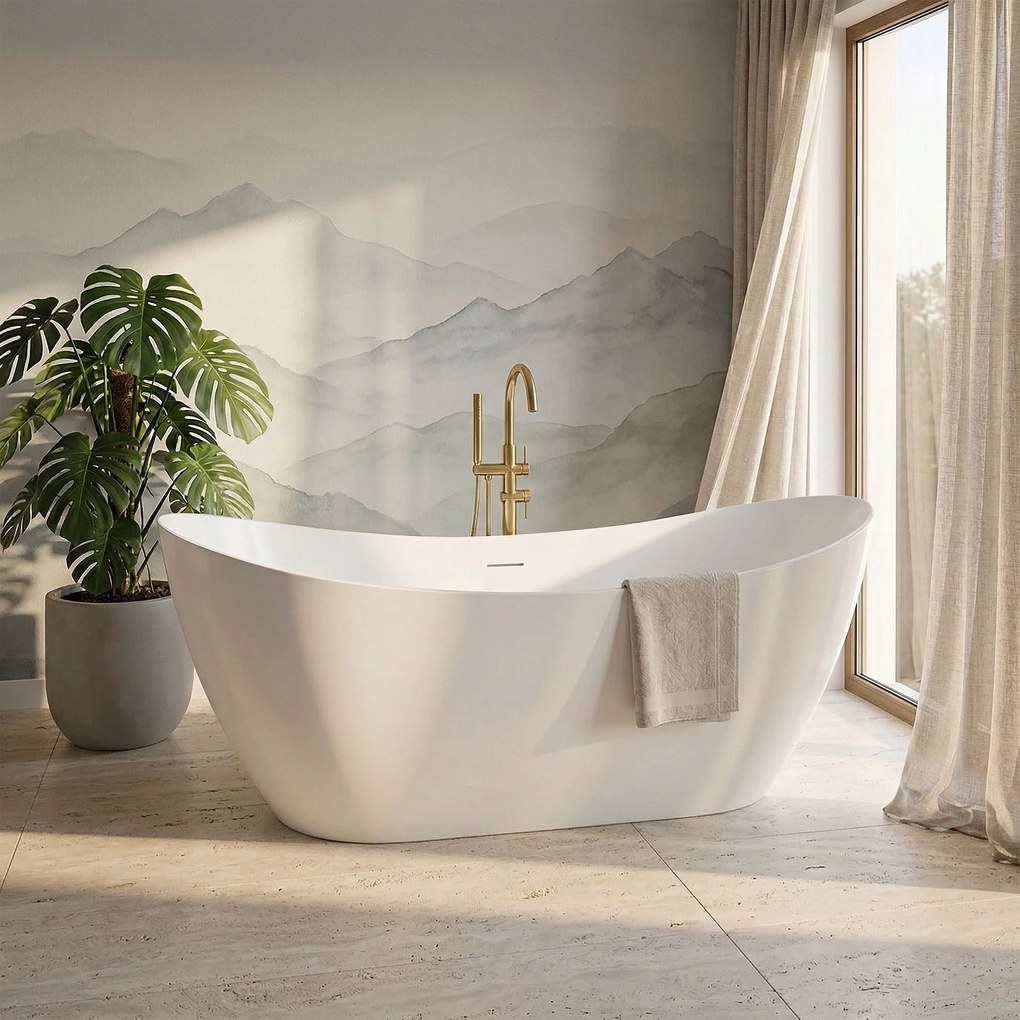 Rea FERRANO Slim, voľne stojaca vaňa 1600×800×720 mm, biela, čierna krytka odtoku, KPL-W6081
