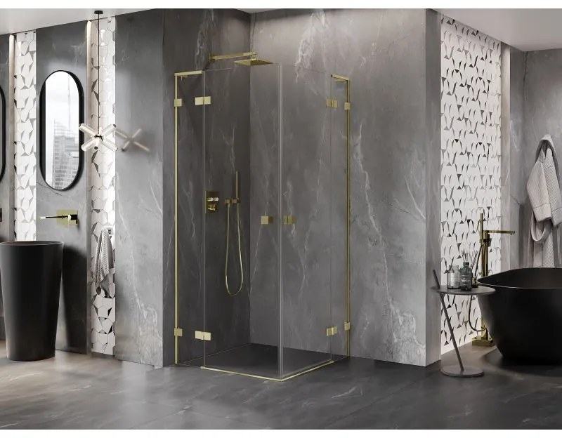 Mexen Lunar, L Duo výklopný sprchový kút 95 x 95 cm, 8mm číre sklo, zlatý matný profil, 834L-095L-095P-55-00