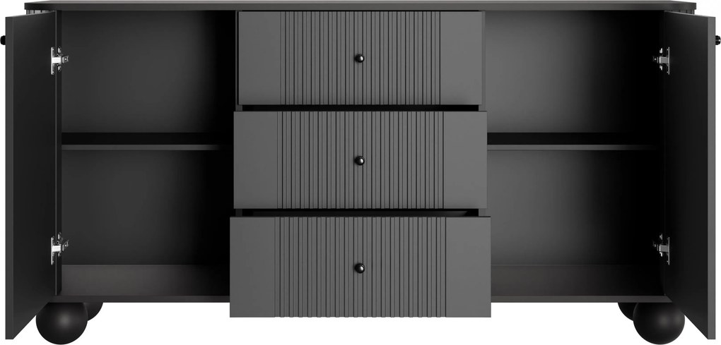 Komoda Vesper 160 cm so zásuvkami na guľatých nohách - čierna / čierne úchytky