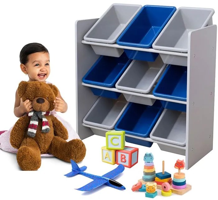 Detský regál na hračky s 9 plastovými boxmi - modro-sivý