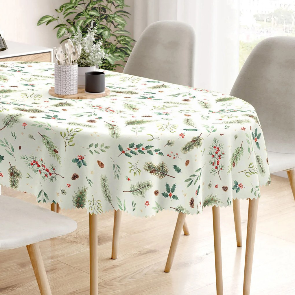 Goldea vianočný oválny teflónový obrus - zimné vetvičky 140 x 180 cm