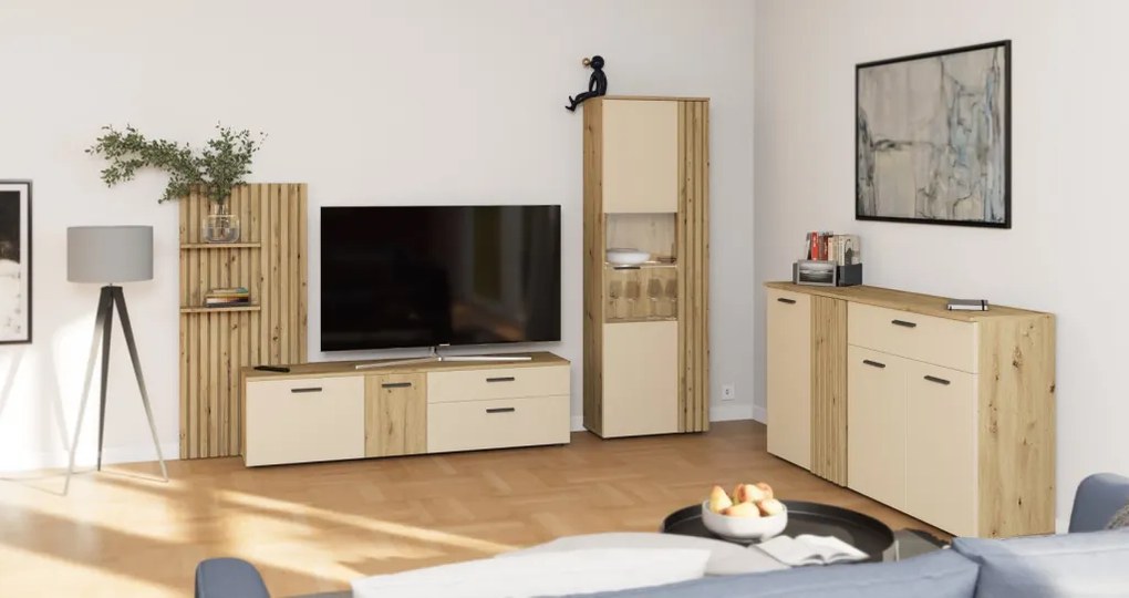 Obývacia stena Gatwick, dub artisan/kašmírová béžová, s osvetlením