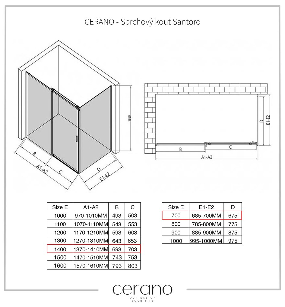 CERANO - Sprchovací kút Santoro Ľ/P - 8 mm - čierna matná, grafitové sklo - 140x70 cm - posuvný, CER-CER-8050BD7306